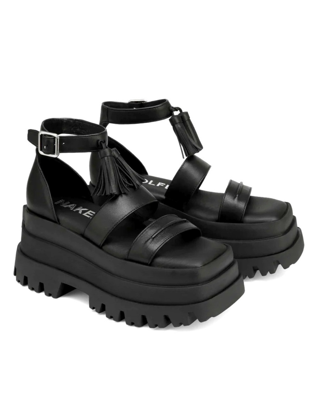 Naked Wolfe DARE Double Stack Black Leather Platform Sandals